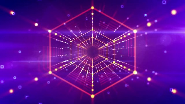 A sci-fi 3d rendering of a moving hexagonal neon tunnel placed in the bright violet background with sparkling spots. It looks like a time portal and has a psychedelic effect. Loopable.