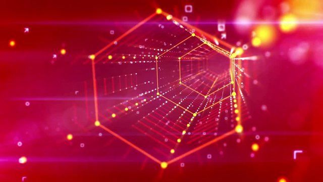 f a straight hexagonal neon tunnel stretched in the bright purple background with lines of shining golden dots. It has linked yellow structures and looks like a futuristic portal. Loopable.