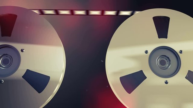 An amazing 3d rendering of two vintage reels put in profile with filmstrip rolling slowly. They are located in the grey background with red blurred spots and generate the mood of cheerfulness.  