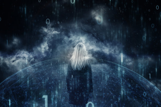 Futuristic Business Woman And Dark Cyberspace Background With Computer Binary Numbers Background.