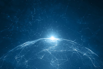 Network cyberspace sphere with lines and dots illustration background. View from space. Selective focus used. 