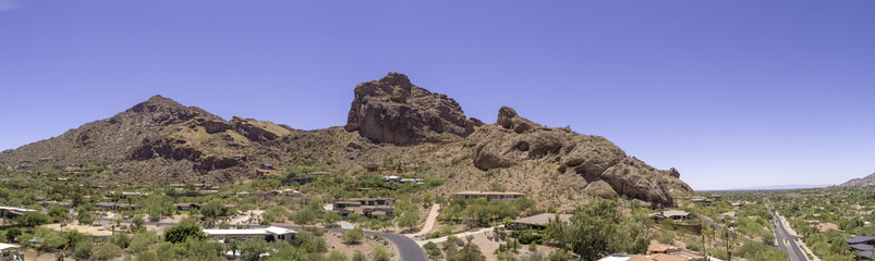 Fototapeta na wymiar This is a 4 image aerial panoramic of iconic Camelback Mountain in Phoenix, Arizona, USA