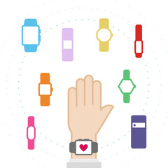 Set: smart watch icons. Hand wearing a smart watch. Vector illustration, flat design