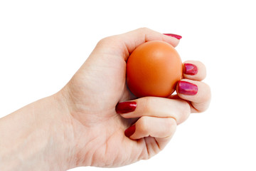 Female hand holds a brown chicken egg in isolation on a white background