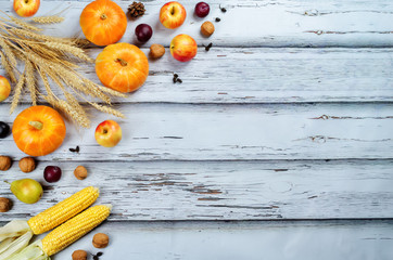 Autumn vegetable and fruit wood background