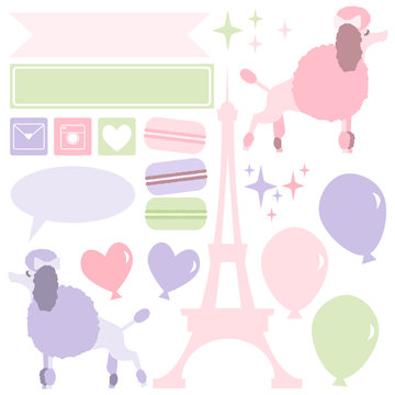 Cute Pink French Vector Sticker Set and Invitation Template