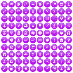 100 space icons set in purple circle isolated on white vector illustration