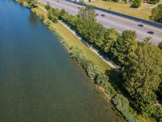 Aerial view of highway bridge over river near Zurich in Switzerland, Europe