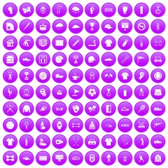 100 sport club icons set in purple circle isolated on white vector illustration