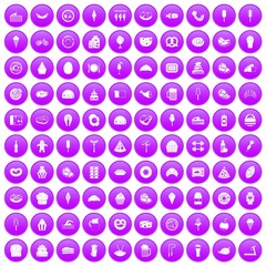 100 calories icons set in purple circle isolated vector illustration