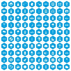 Fototapeta na wymiar 100 bicycle icons set in blue hexagon isolated vector illustration