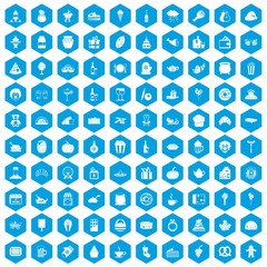 100 bounty icons set in blue hexagon isolated vector illustration