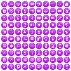 100 communication icons set in purple circle isolated vector illustration