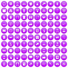 100 conference icons set in purple circle isolated vector illustration