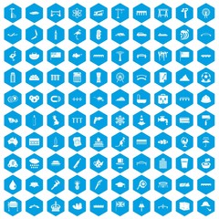 100 bridge icons set in blue hexagon isolated vector illustration