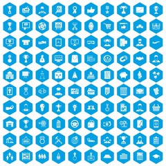100 business career icons set in blue hexagon isolated vector illustration