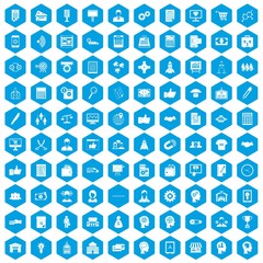 Fototapeta na wymiar 100 business strategy icons set in blue hexagon isolated vector illustration