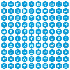 100 call center icons set in blue hexagon isolated vector illustration