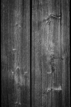 Close-up of an old and unpainted rustic wood board texture background in black and white with vignette