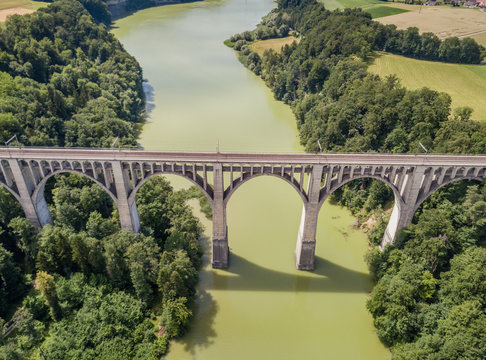 Aerial view of Grandfey railroad bridge in Switzerland, Canton of Fribourg