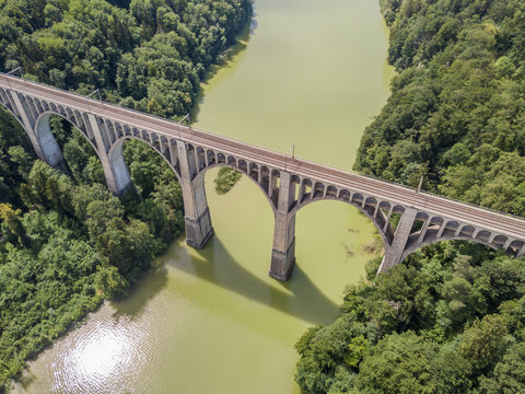 Aerial view of Grandfey railroad bridge in Switzerland, Canton of Fribourg