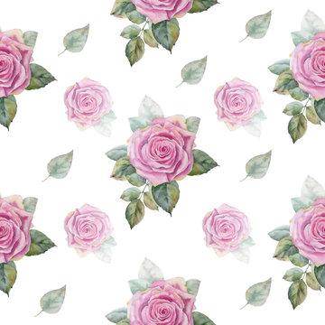Watercolor hand painted seamless pattern of pink roses.