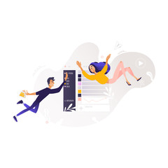 Young cheerful man, woman in casual clothing flying in blue cloud with chat clouds and space text. Accessibility of information concept. Happy people reading and chatting, surfing the net Vector