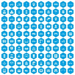 100 city icons set in blue hexagon isolated vector illustration