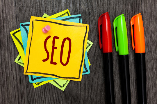Text sign showing Seo. Conceptual photo Search engine optimization increase in online marketing channel Three marker pens four small art papers important informative memories.