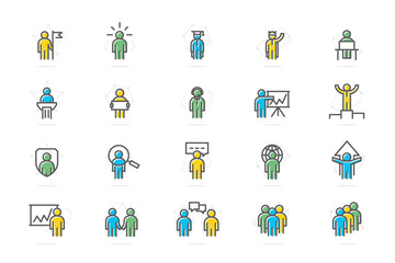 Set of vector human resources and business organization management colored line icons. Teamwork, presentation, customer support, b2b, search employees, SEO, company security, success and more.