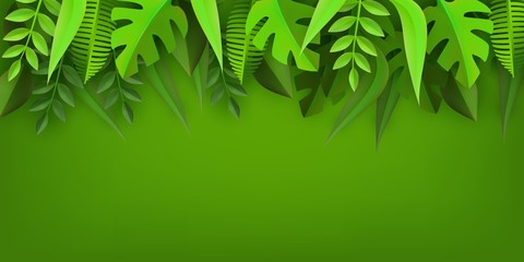 Fototapeta premium Paper art style natural border frame with various cut cardboard plant leaves with copy space. Summertime eco vector illustration banner with folded origami foliage on green background.