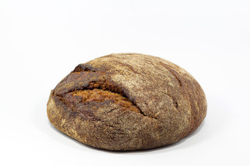 Delicious round rye bread isolated on a white background.Whole fresh healthy baked goods.Useful for vegans.