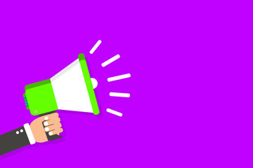 Flat design business illustration concept Digital marketing business megaphone for website and promotion banners. Cartoon human hand holding empty social media copy space text.