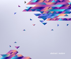 Modern banner with gradient bright colorful geometric shapes and stripes isolated on gray background. Abstract graphic template with fluid coloring elements in vector illustration.