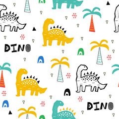 Hand drawn seamless pattern with dinosaur in the wild safari firest. Cute illustration for nursery,textile, kids fashion.