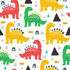 Hand drawn seamless pattern with dinosaur in the wild safari firest. Cute illustration for nursery,textile, kids fashion.