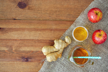 Homemade energy drink switchel in a mason jar. top view