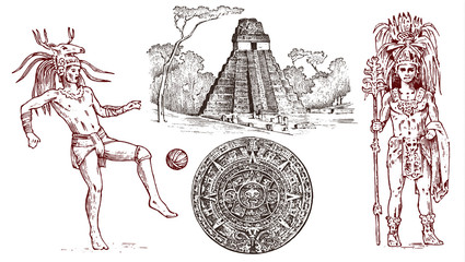 Maya Vintage pyramid, portrait of a man, traditional costume, calendar and decoration on the head. Native Aztec culture. Ancient Monochrome Mexico. Engraved hand drawn old sketch for label background