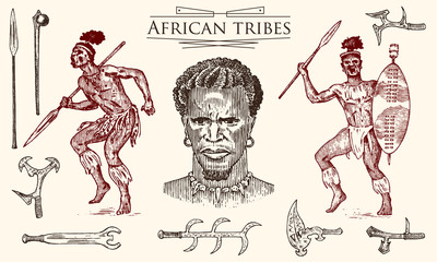 Fototapeta na wymiar African tribes, portraits of Aborigines in traditional costumes. Australian Warlike black native man with spears and weapons. Engraved hand drawn old monochrome Vintage sketch for label.