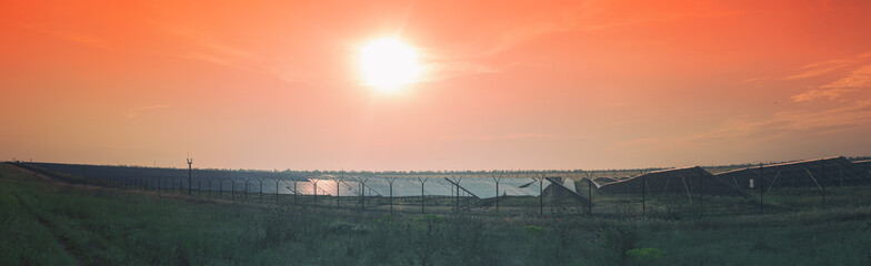 Panoramic view of the field of solar panels. Ukraine