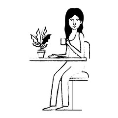 woman in the table drinking coffee with house plant vector illustration design