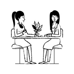 women in the table drinking coffee with house plant vector illustration design