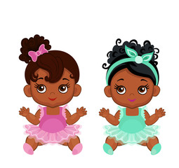 Vector cute little baby African American ballerinas in  tutu dresses. 