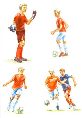 Fototapeta na wymiar Young football players with a ball, watercolor sketch