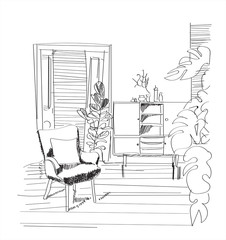 interior design vector illustration. furniture of living room. hand drawn chair and sideboard and pot plant.