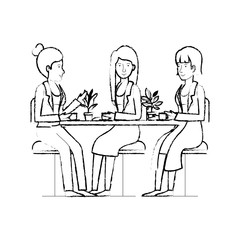 women in the table drinking coffee with house plants vector illustration design
