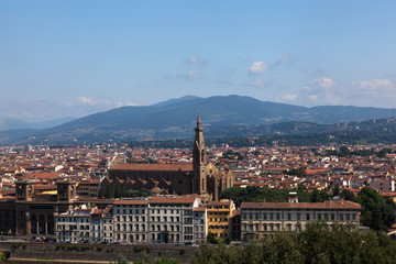 Florence city viewed from plaza de michelangelo to the river Arno, with Ponte Vecchio, Palazzo Vecchio and Cathedral of Santa Maria del Fiore (Duomo), Florence, Italy