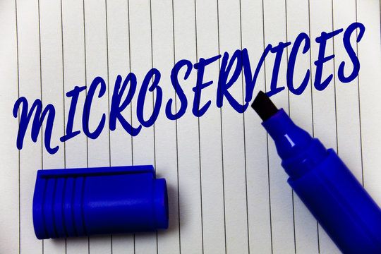 Writing note showing Microservices. Business photo showcasing Software development technique Decomposing an application Marker pen cap bold highlighter linned background script sharpened nib.