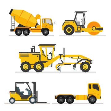 set of construction heavy machines. vehicles construction equipment for building. Road Grader, Concrete cement mixer truck, long trailer, road roller, fork lift. isolated illustration vector.