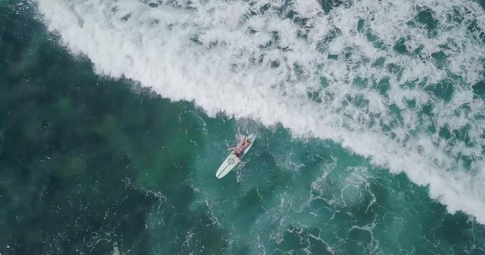 Young sporty surfer lady in sexy bikini with surfing longboard. Girl surf on her long board on lineup in open ocean. Modern lifestyle. People water sport camp. Extreme vacation. Drone aerial footage.